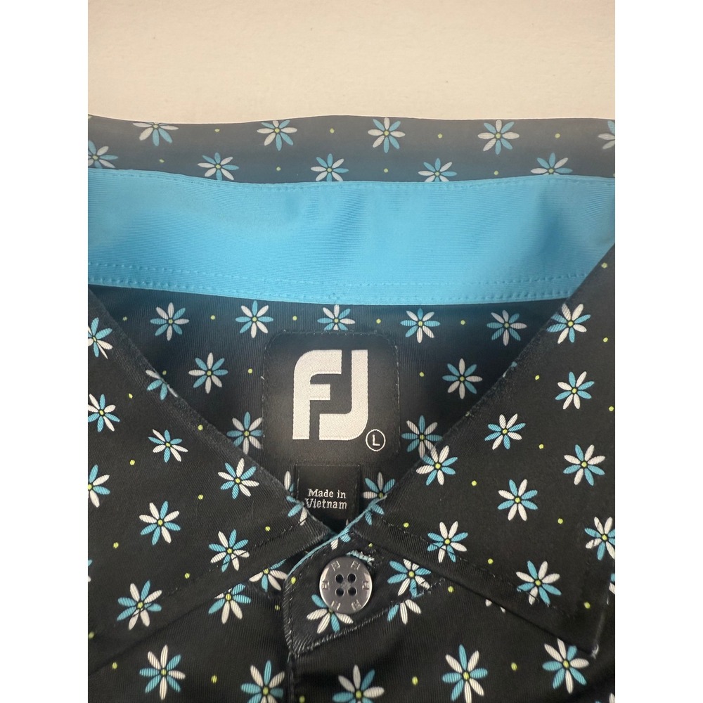 FootJoy Golf Polo Large Black Blue Floral Daisy Moorhead Country Club Logo - Picture 3 of 6